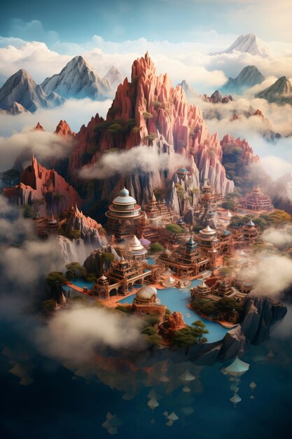 Hermoso paisaje de fantasía medieval con ciudad