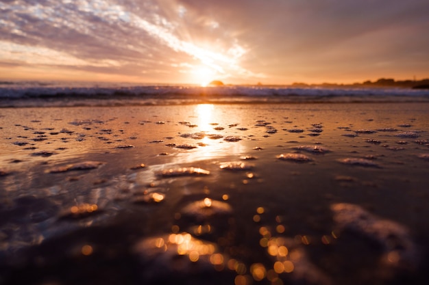 Hermoso paisaje de impresionante puesta de sol reflejada en arena húmeda cerca del mar bajo un cielo colorido