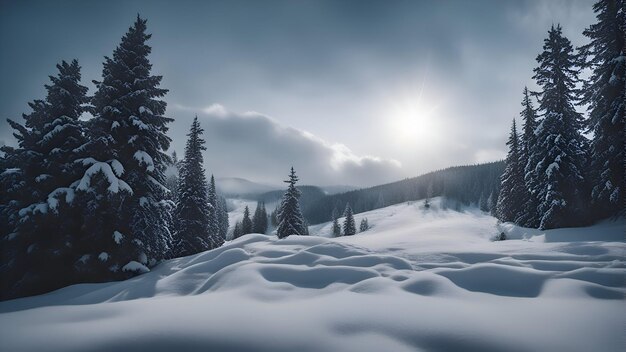 Hermoso paisaje invernal con abetos cubiertos de nieve en las montañas de los Cárpatos