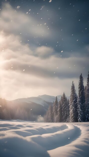 Hermoso paisaje invernal con abetos nevados y montañas al fondo