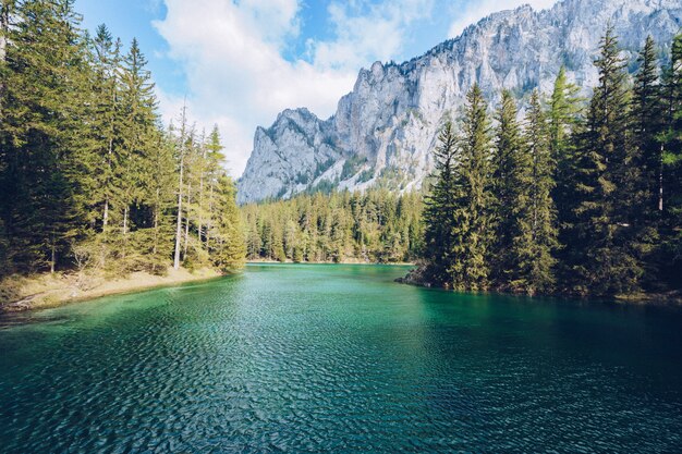 Hermoso paisaje con un lago en un bosque y una increíble montaña rocosa