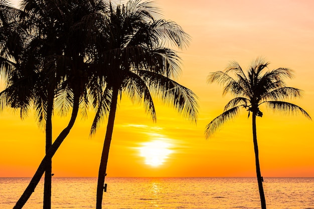 Hermoso paisaje de mar océano con silueta de palmera de coco al atardecer o al amanecer