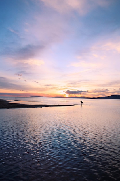 Hermoso paisaje marino bajo el cielo de la tarde y la silueta de un surfista