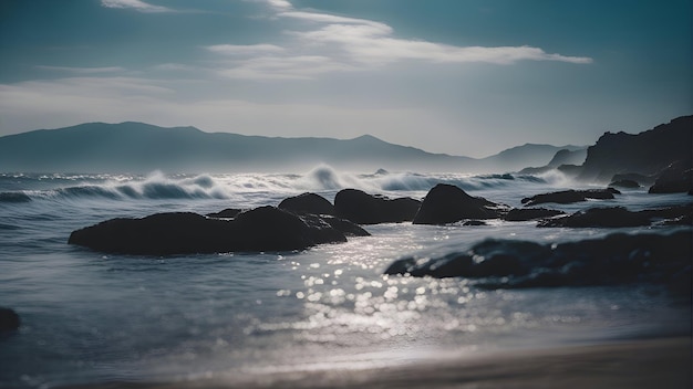 Foto gratuita hermoso paisaje marino con olas rompiendo en la costa rocosa