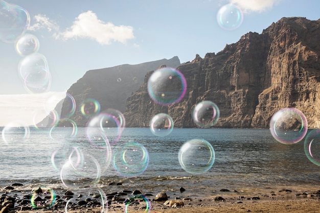 Hermoso paisaje marino y pompas de jabón.