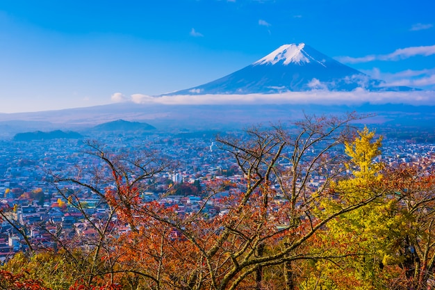 Foto gratuita hermoso paisaje de la montaña fuji alrededor del árbol de la hoja de arce en la temporada de otoño