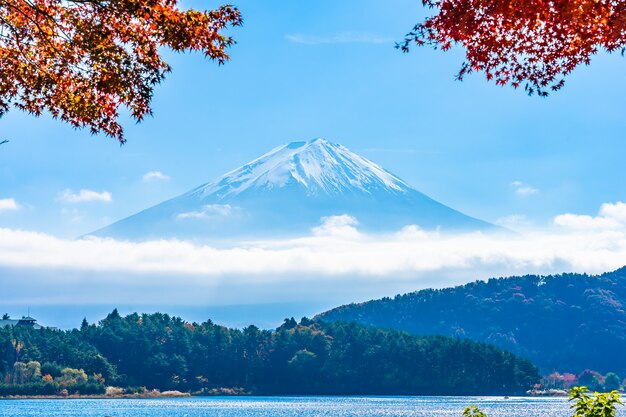 Hermoso paisaje de montaña fuji con árbol de hoja de arce alrededor del lago