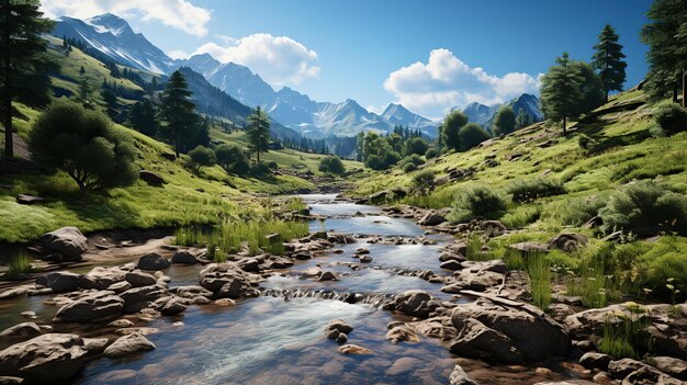 Hermoso paisaje de montaña con un pequeño río y altas montañas al fondo