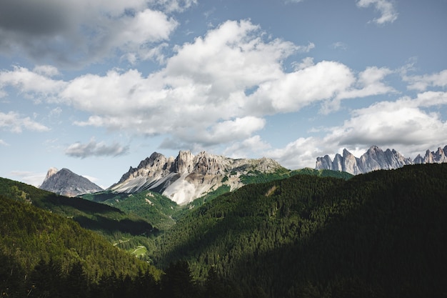 Hermoso paisaje de montañas cubiertas de bosques de hoja perenne y picos blancos durante el día