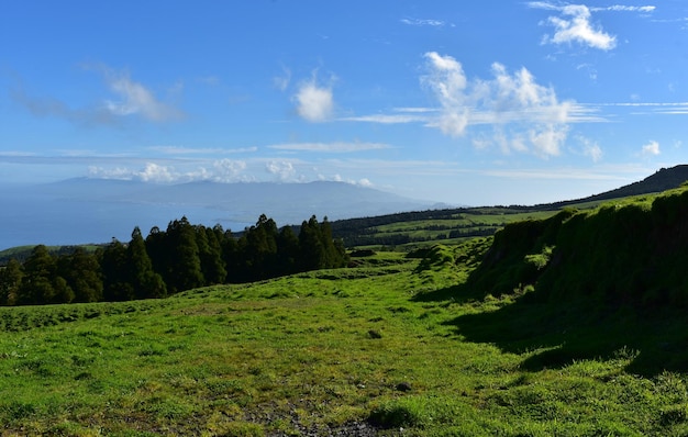 Hermoso paisaje con las montañas elevándose por las nubes.