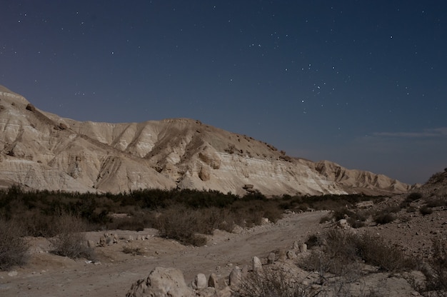 Hermoso paisaje de montañas rocosas bajo un cielo estrellado