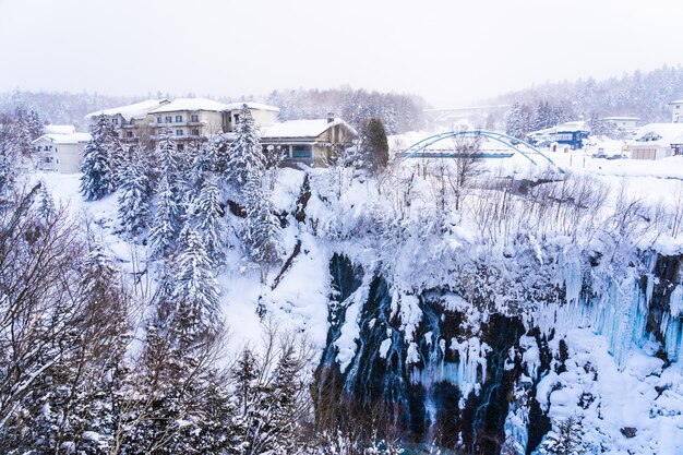 Hermoso paisaje de naturaleza al aire libre con cascada y puente de shirahige en la temporada de invierno de nieve