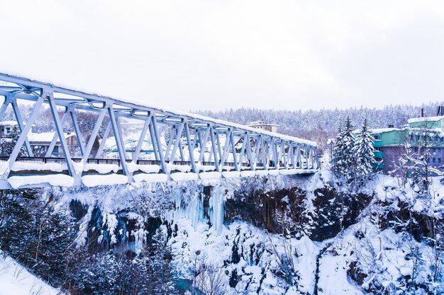 Hermoso paisaje de naturaleza al aire libre con cascada y puente de shirahige en la temporada de invierno de nieve