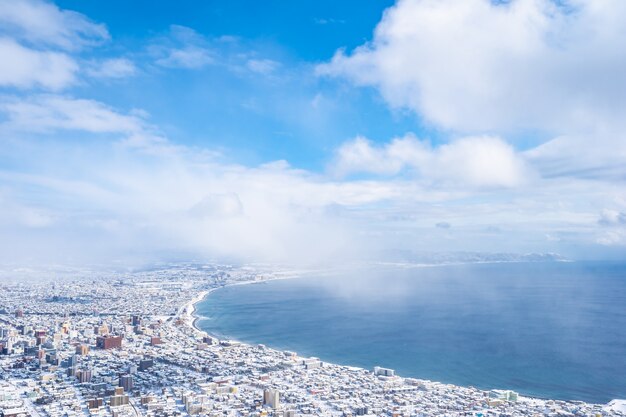 Hermoso paisaje y paisaje urbano de Mountain Hakodate para mirar alrededor del horizonte de la ciudad