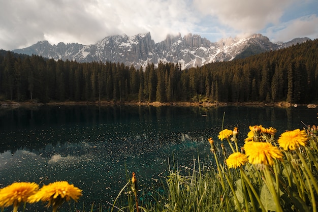 Hermoso paisaje de un pequeño lago alpino turquesa bajo el cielo nublado