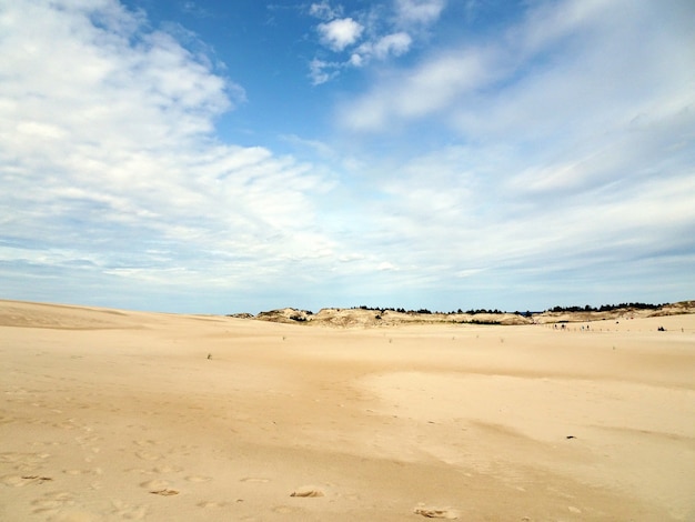 Hermoso paisaje de una playa de arena bajo un cielo nublado en Leba, Polonia