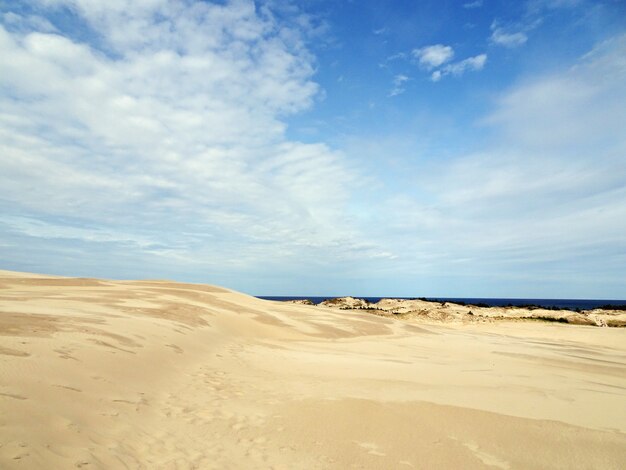 Hermoso paisaje de una playa de arena bajo un cielo nublado en Leba, Polonia