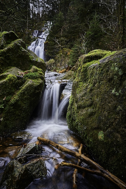 Hermoso paisaje de una poderosa cascada en un bosque cerca de formaciones rocosas cubiertas de musgo