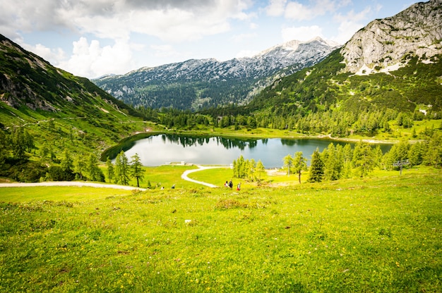 Hermoso paisaje de un valle verde cerca de las montañas de Alp en Austria bajo el cielo nublado