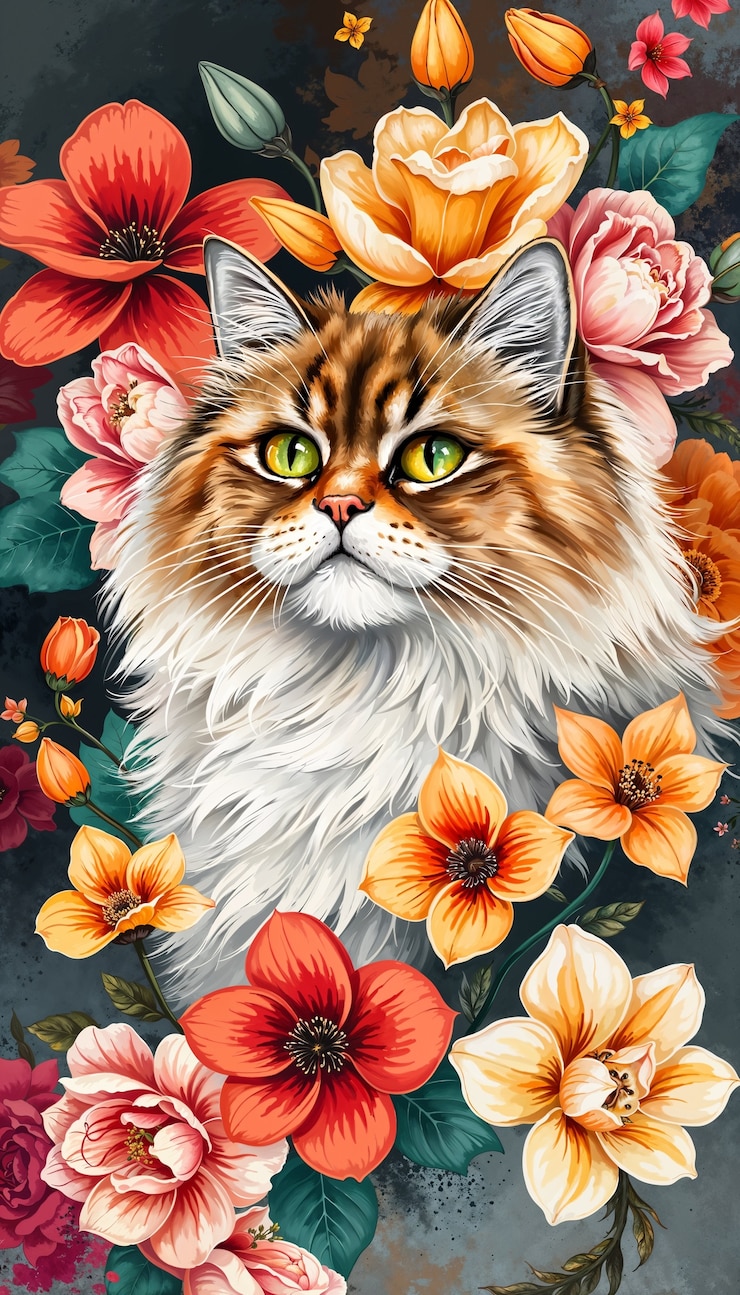 Foto gratuito hermoso papel tapiz de gato y flores
