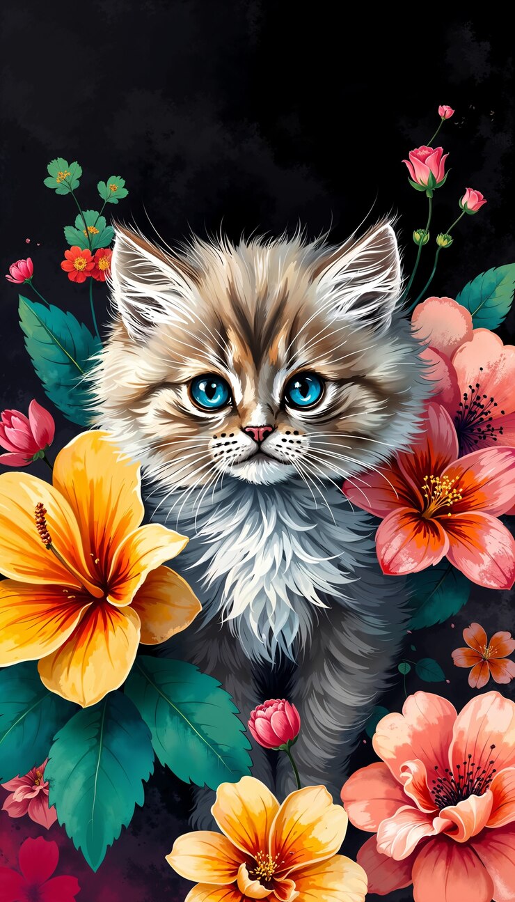 Foto gratuito hermoso papel tapiz de gato y flores