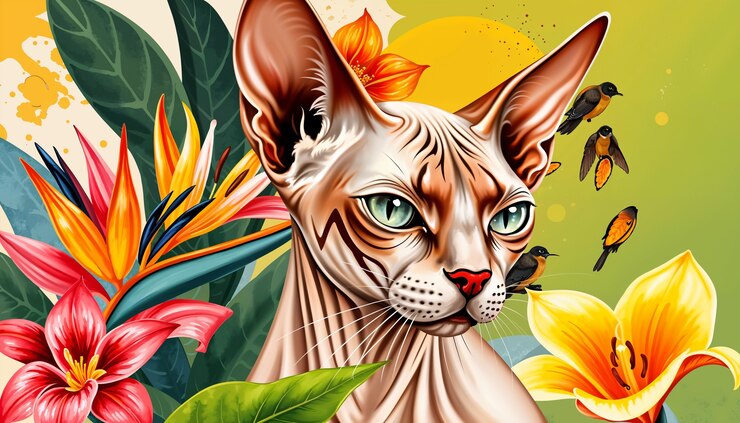 Foto gratuito hermoso papel tapiz de gato y flores