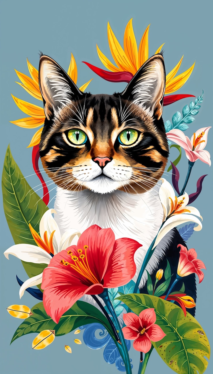 Foto gratuito hermoso papel tapiz de gato y flores