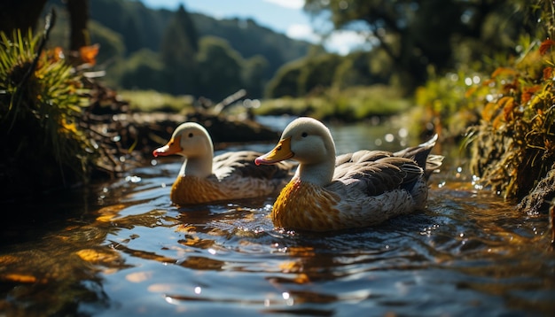 Foto gratuita un hermoso pato cuca en el tranquilo agua verde del estanque generada por la inteligencia artificial