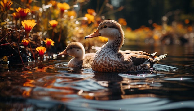 Foto gratuita un hermoso pato mallardo cuala junto al tranquilo estanque en la naturaleza generado por la inteligencia artificial