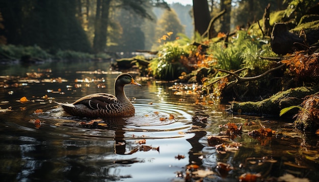 Un hermoso pato nada pacíficamente en un sereno estanque de otoño generado por la inteligencia artificial
