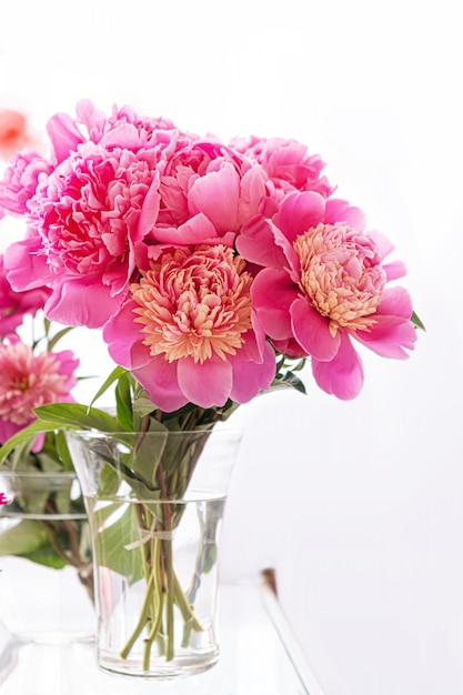 Hermoso ramo de flores de peonía fresca en un florero de vidrio transparente sobre un fondo blanco.