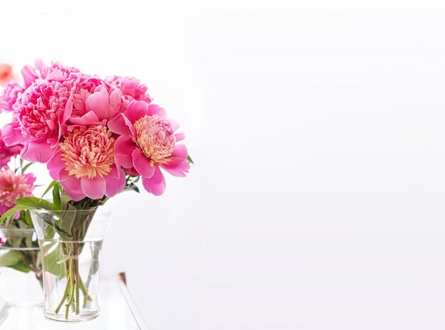 Hermoso ramo de flores de peonía fresca en un florero de vidrio transparente sobre un fondo blanco.