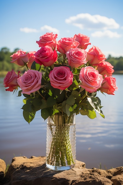 Hermoso ramo de rosas junto al mar