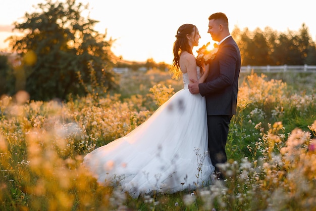 Hermoso retrato de una pareja de novias amorosas de pie en el campo mirándose con amor y abrazándose Chica guapa en vestido de novia con novio guapo Paisaje natural con puesta de sol