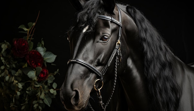 Foto gratuita hermoso semental negro con elegante melena en la belleza de la naturaleza generada por la inteligencia artificial