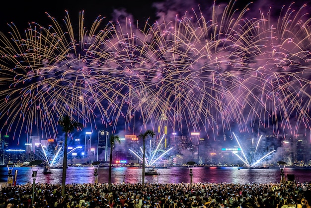 Hermoso tiro de coloridos fuegos artificiales vibrantes en el cielo nocturno durante las vacaciones