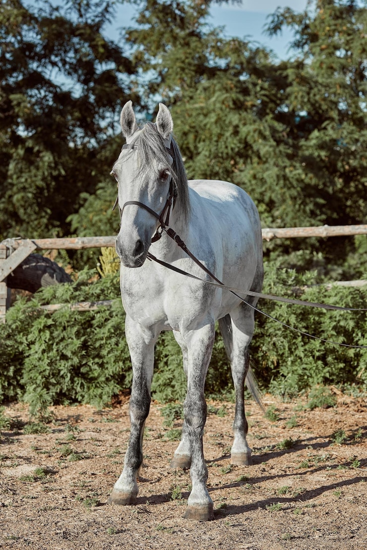 Foto gratuito hermoso, tranquilo caballo blanco espera en el paddock. animales en el rancho.