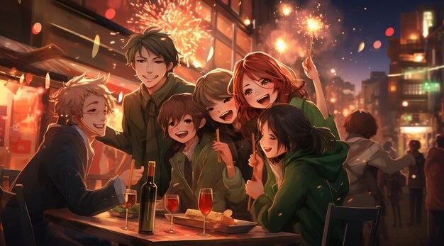 Hermosos amigos de anime en la cena de la víspera de Año Nuevo