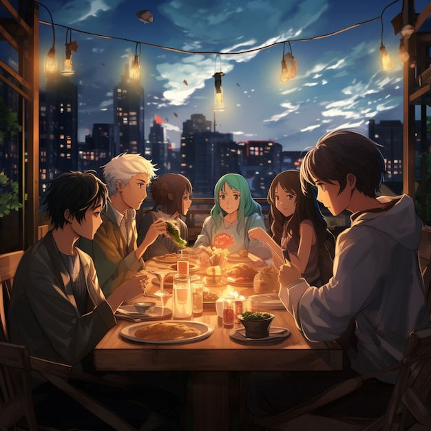 Foto gratuita hermosos amigos de anime en la cena de la víspera de año nuevo