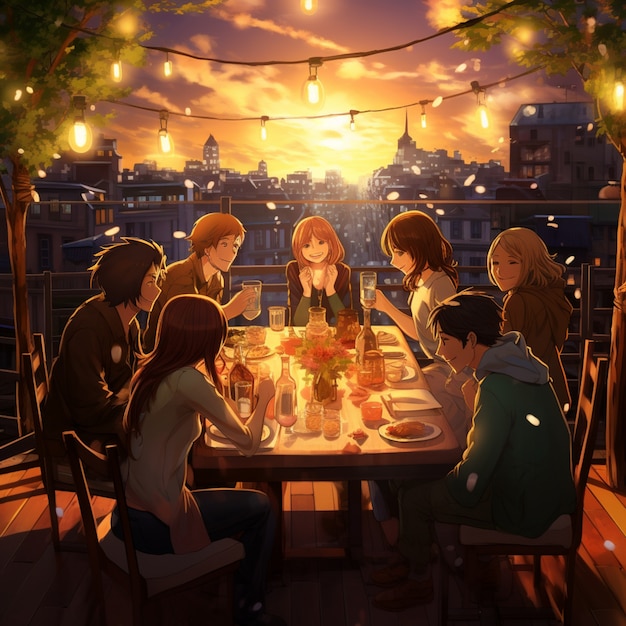 Foto gratuita hermosos amigos de anime en la cena de la víspera de año nuevo