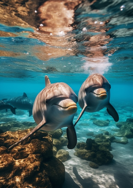 Foto gratuita hermosos delfines nadando bajo el agua