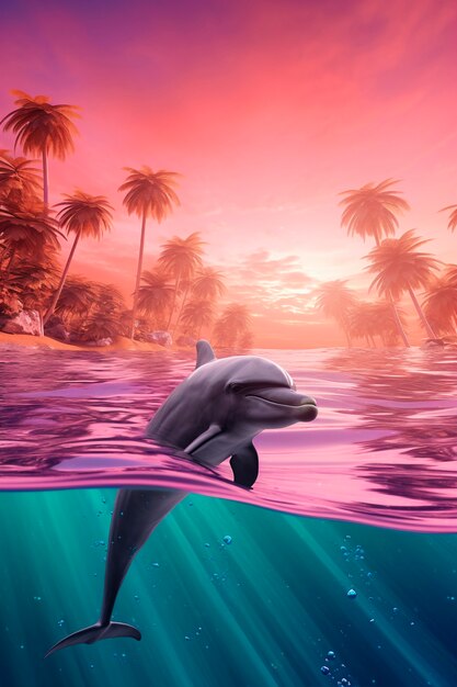 Hermosos delfines nadando al atardecer