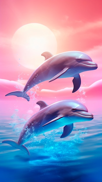 Hermosos delfines nadando al atardecer