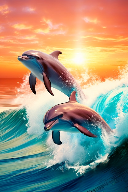 Foto gratuita hermosos delfines nadando al atardecer