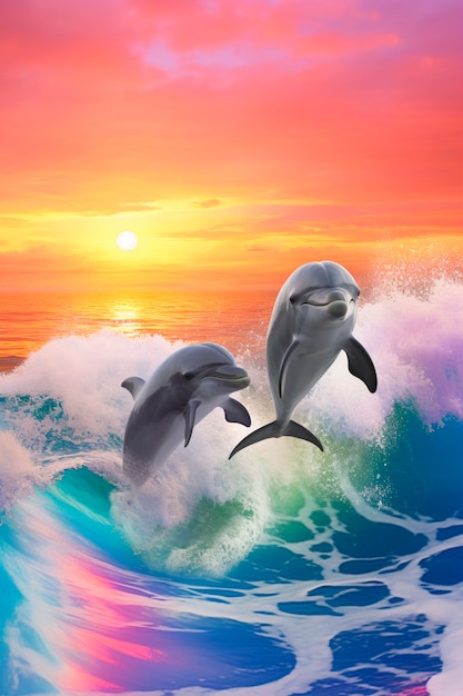 Foto gratuita hermosos delfines nadando al atardecer