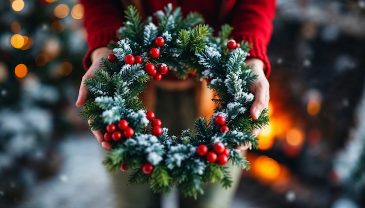 Foto gratuito hermosos detalles de los preparativos de la corona de navidad