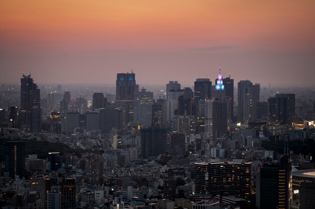 Hermosos edificios altos y cielo rojo