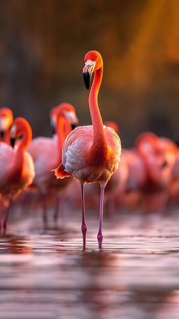 Hermosos flamencos en el lago