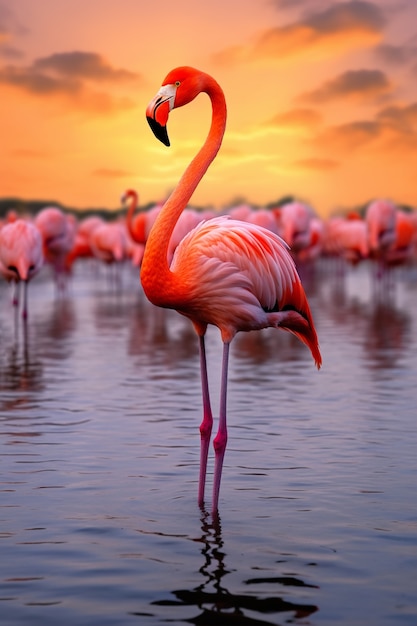 Hermosos flamencos en el lago