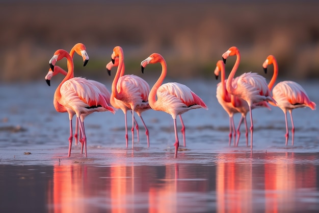 Hermosos flamencos en el lago